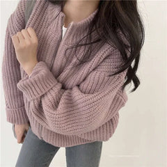 Lunivop Women's Zip Up Sweater Cardigan Chunky Knit Stand Collar Zipper Front Plain Sweater Jacket Ladies Korean Chic Fall Winter Outfit