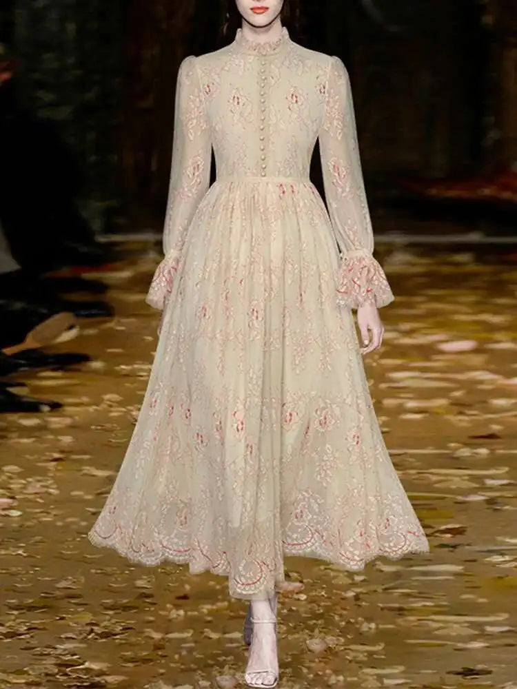 Lunivop Solid Lace Printing Design Women's Dresses Stand Collar High Waist Long Sleeve Elegant Dress Female Autumn 2025 New