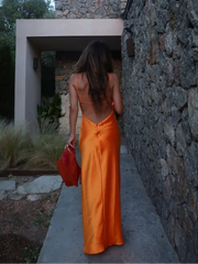 Lunivop  Orange Satin Lace Up Sling Long Dresses Women Fashion V Neck Backless Sleeveless Maxi Robe Summer Female Evening Party Club Gown