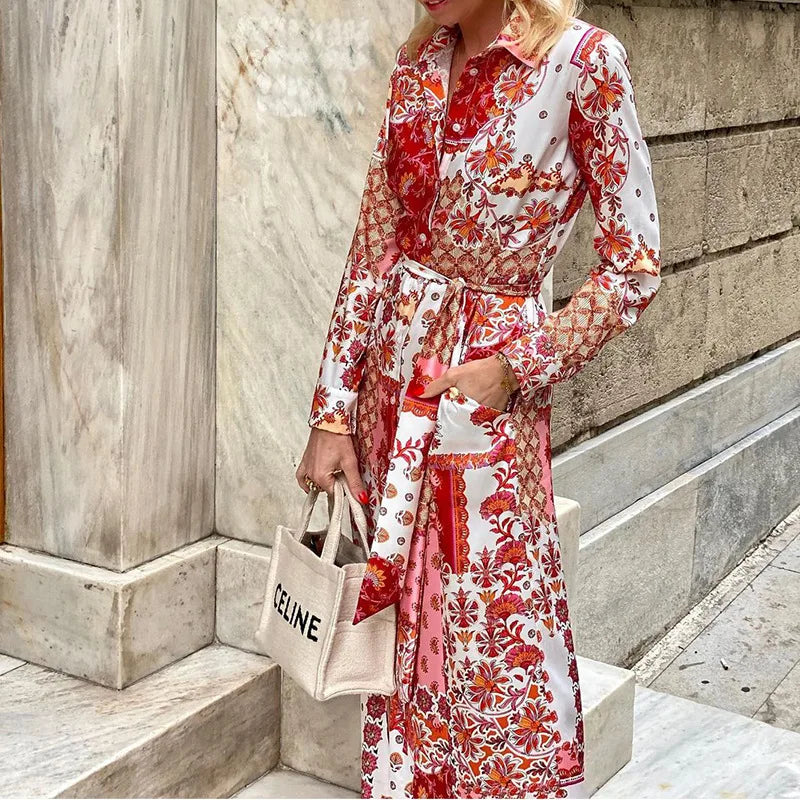 Lunivop  Summer Women Boho Printed Long Shirts Elegant Dress Turn-Down Collar Long Sleeve Female Casual Maxi Party Dresses