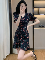 Lunivop  Women Elegant Long One-piece Dress Gown Summer Black Floral Puff Sleeve V-Neck Luxury Dress 2025 Korean Bodycon Festival Dresses