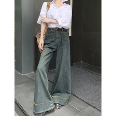 Lunivop American Style High-waisted Wide-leg Jeans Blue Pocket Design Unique Straight-leg Pants For Women Fashion Wide-leg Cowboy Pants
