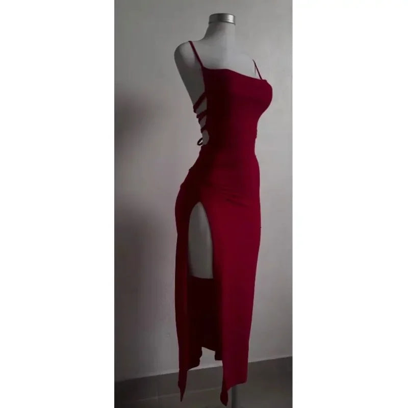 Lunivop Women Sexy Red Party Midi Dress Lace-up Irregular Split Long Dress Summer Halter Strap Spice Girl Bag Hip Clothes Solid
