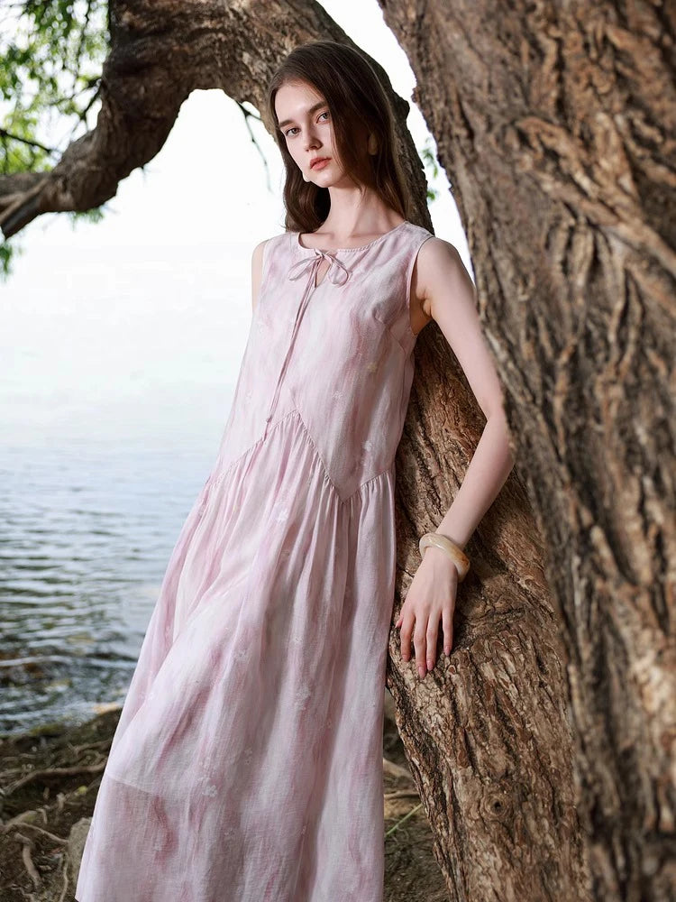 Lunivop Beach Floral Elegant Long Dress Women Casual Vintage Sweet Sleeveless Dress Summer Loose O Neck Lace Up Retro French Dress