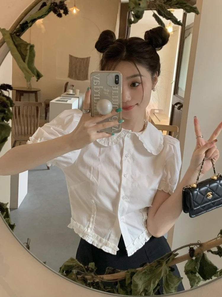 Lunivop Slim Cute Cropped White Shirt Women Summer Short Sleeve Elegant Blouse Preppy Style Vintage Sweet French Casual Design Tops