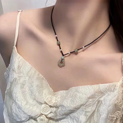 Lunivop Peace Buckle Pendant Necklace Hollow Jade Charms Necklace Chinese Style Clavicle Chain Leather Rope Sweater Necklace