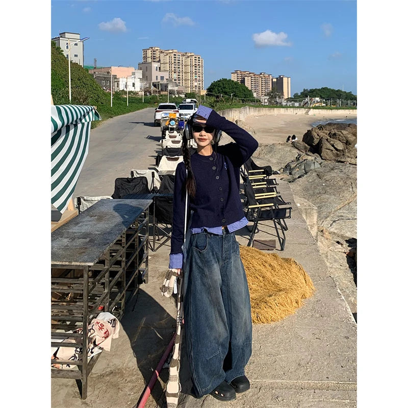 Lunivop Blue Womens Jeans High Waist Vintage Design Hip Hop Straight Baggy Denim Pants Street Y2K American Style Wide Leg Denim Trouser