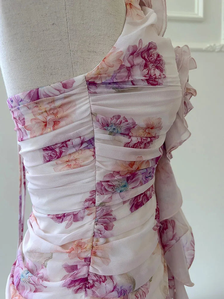 Lunivop New Floral Ruffle 3D Flower Decoration Cute Women Dress Halter Neck Backless Sleeveless Short Dresses Female
