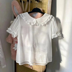 Lunivop  Mesh Peter Pan Collar Puff Sleeve Dot Shirt Preppy Style Short Student Slim Blusas Age Reduction French Exquisite Tops