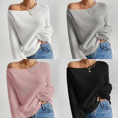 Lunivop  Women's Winter Clothing Off Shoulder Loose Fit Long Sleeve Solid Color Ribbed Crew Neck Sweater Women's Cheap Clothing Free