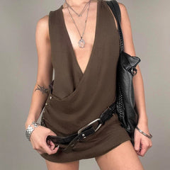 Lunivop  BKLD Simple Sexy Deep V Neck Off-shoulder Sleeveless Solid Color Ruched Design Casual Tank Tops For Women Trendy Streetwear Vest