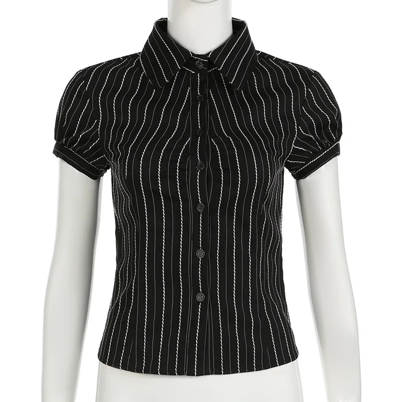 Lunivop Women's Black Lace Striped T Shirt, V-Neck, Button, Elegant Crop Top, Vintage Short Sleeved Cardigans, Women Grunge Korean Tees