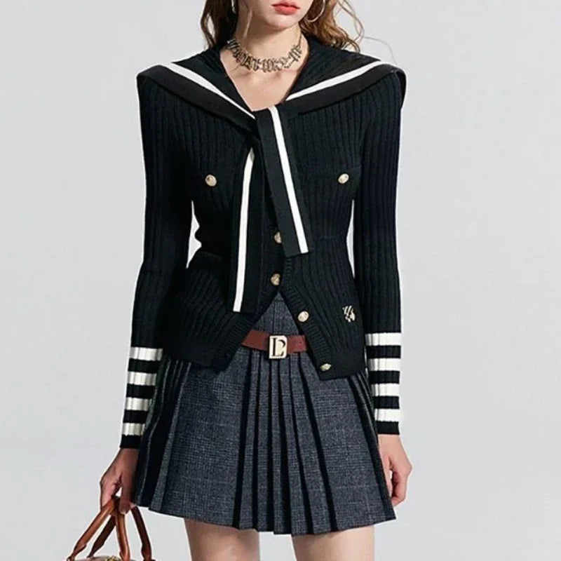 Lunivop Preppy Style Knitted Cardigan Women Striped Sailor Collar Cute Long Sleeve Sweater Elegant Sweet Autumn Winter Cardigan