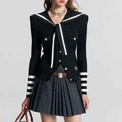 Lunivop Preppy Style Knitted Cardigan Women Striped Sailor Collar Cute Long Sleeve Sweater Elegant Sweet Autumn Winter Cardigan