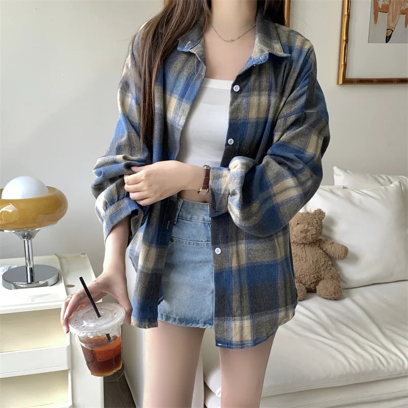 Lunivop Women Tartan Shirt Long Sleeve Collared Button Up Oversized Plaid Shirt Flannel Jacket Grunge Teenage Girl Spring Summer Outfit