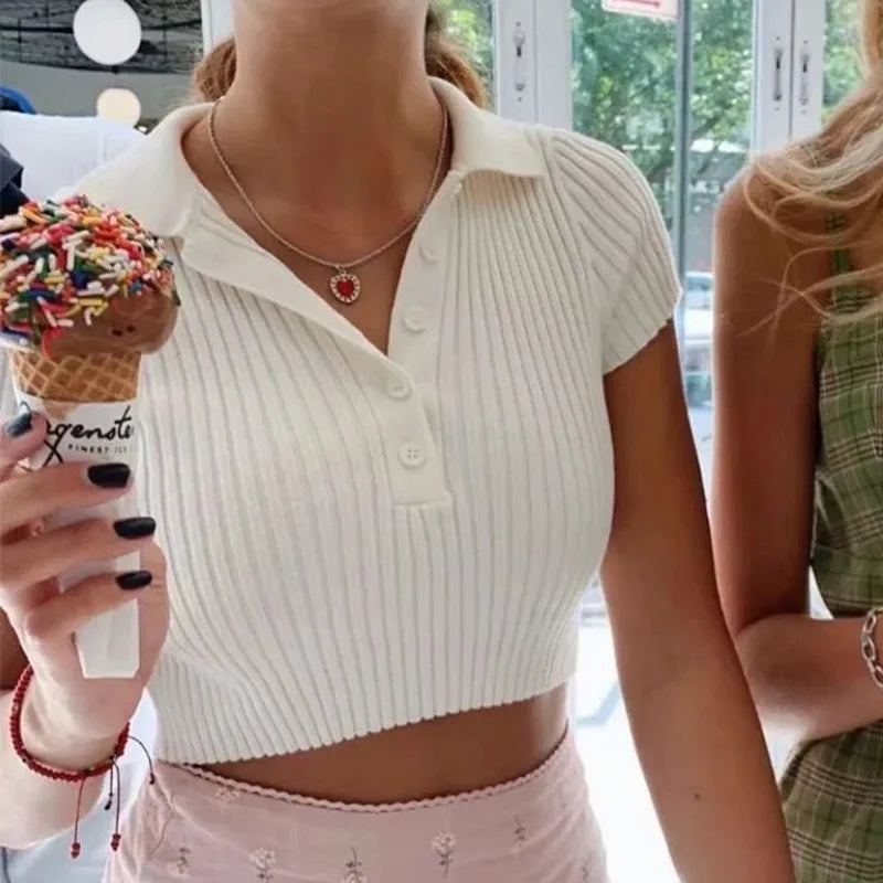 Lunivop Polo Collar Top Women's Short Sleeved Sweater Knit Short Sleeve Summer White Vertical Stripes Slim Casual blusas para mujer