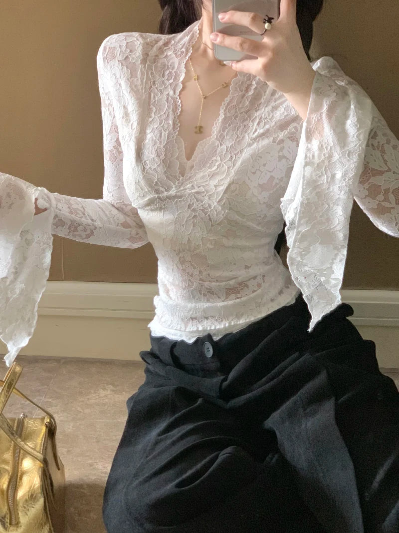 Lunivop Women's Long Sleeve Lace Top V-neck Flared Sleeve Sheer Lace Crop T-shirt Teen-girl Coquette Fairycore Y2K Outfit