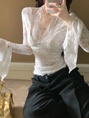 Lunivop Women's Long Sleeve Lace Top V-neck Flared Sleeve Sheer Lace Crop T-shirt Teen-girl Coquette Fairycore Y2K Outfit