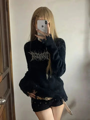 Lunivop Gothic Black Y2k Knitted Pullover Women Punk Harajuku Graphic Sweaters Grunge Solid Long Sleeve Pullovers Streetwear