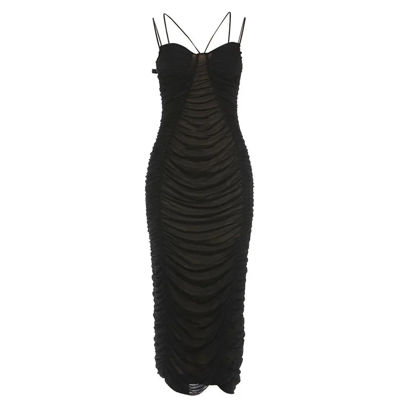 Lunivop  Women Sexy Lined Ruched Mesh Bodycon Camisole Maxi Dress Strapless Spaghetti Straps Sleeveless Backless Slim Party Long Robe