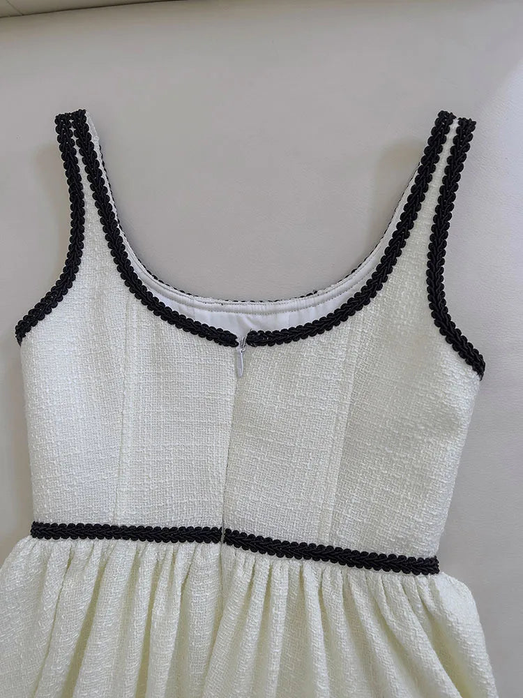 Lunivop  Contrast Color Spliced High Waist Tweed Sling Dresses For Women Hem Tassel Design Elegant Dress New Clothing