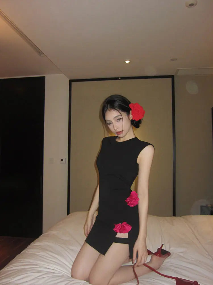 Lunivop  Woman Dress Sexy Sleeveless Flowers Slim Split Vintage Elegant Hollow Out Mini Dresses Party Female Fashion Club
