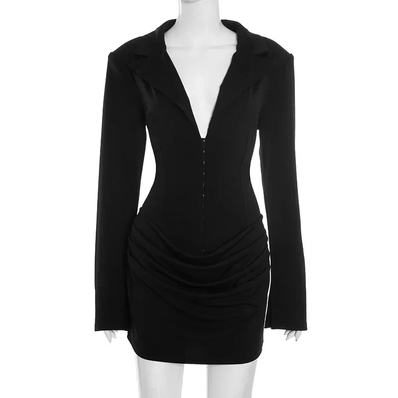 Lunivop  Sexy Women Elegant Blazer Mini Dress Single Breasted Notched Deep V Neck Full Sleeve Ruched Bodycon Party Outfits Office Lady