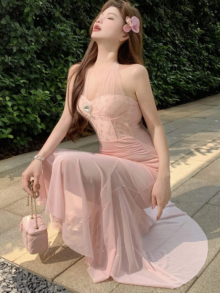 Lunivop  Pink Mesh Embroidery Chic Diamon Luxury Dress Women Elegant Neck-mounted Long Dress Summer Korean Bodycon One Piece Dresses