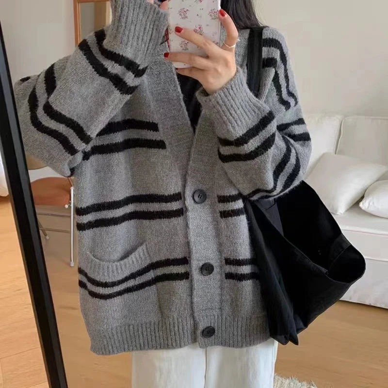 Lunivop Women Cardigan Sweater Striped V-neck Button-up Sweater Jacket Comfy Cozy Slouchy Cardi Autumn Winter Casual Outfit
