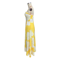 Lunivop   Print Sleeveless Casual Women Dress Sexy V Neck Straps Summer Beach Dresses Backless A-line Floor-Length Draped Robe