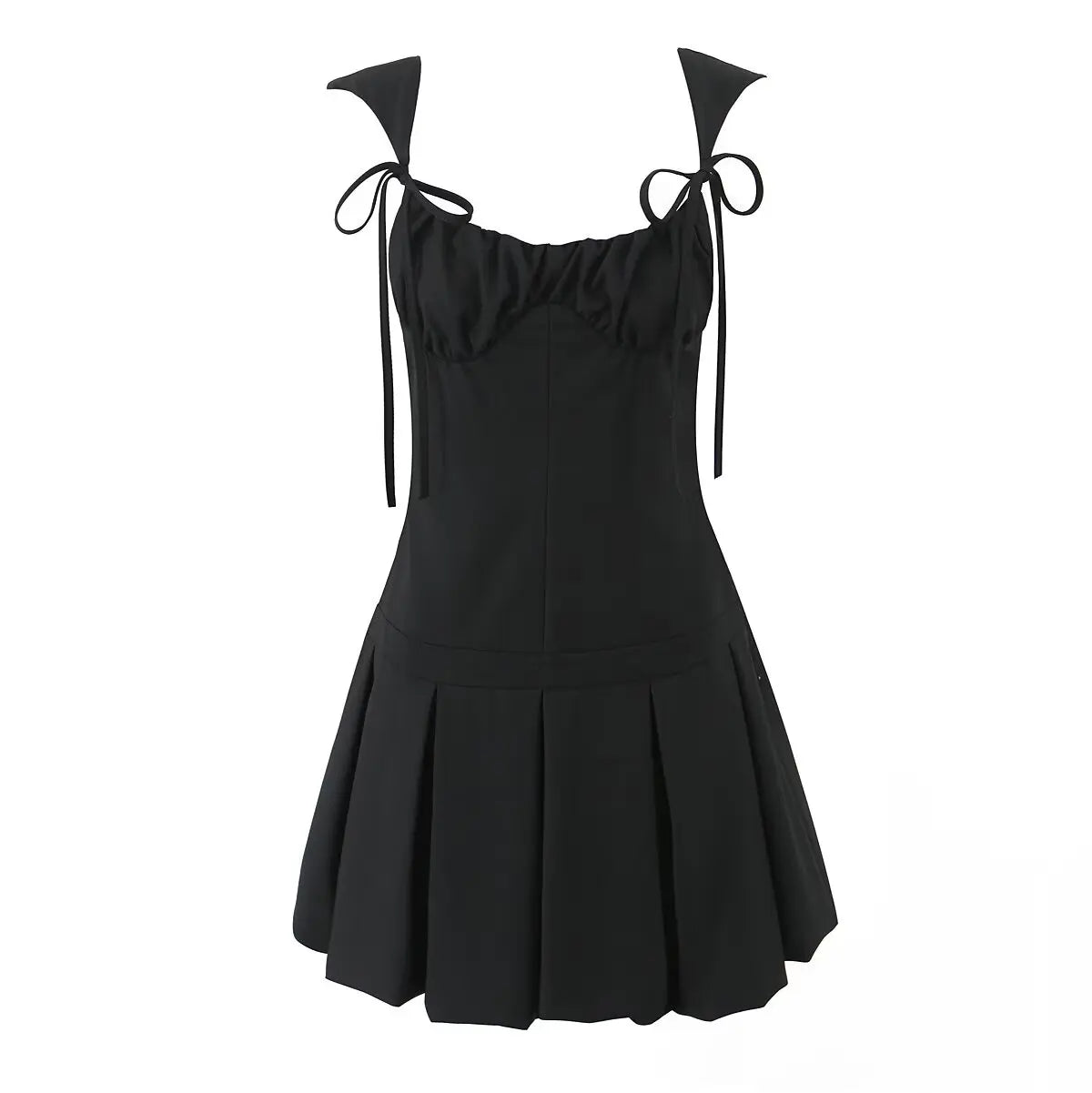 Lunivop  Women Sleeveless Dress Pleated Mini Dresses Party Robe Gray Black Chest Bow Strap