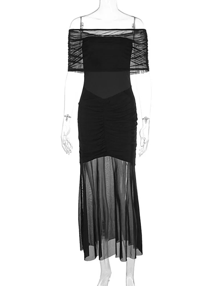 Lunivop Strapless Pleated Mesh Splice Maxi Dress Two-Piece Backless Elegant See Through Sexy Party Dresses Slim One Step Dress