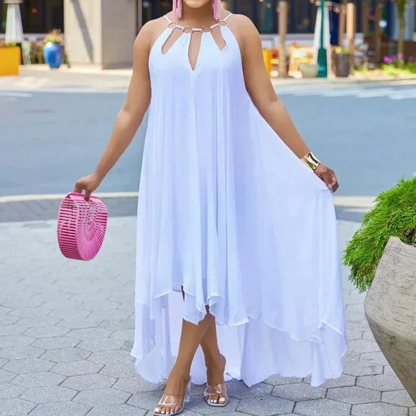 Lunivop  Long Dress Women Summer Loose Waist Casual One Shoulder Sleeveless Chain Party Dresses Irregularity Oblique Neck Beach