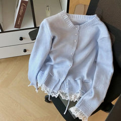 Lunivop  Simple Office Lady Lace Up Patchwork Cardigan Korea Chic Age Reduction Sweet Lace Jumper Slim Waist Lace Up All-match Top