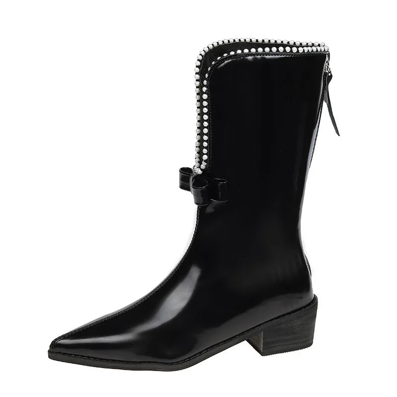 Lunivop Autumn Women Designer Bowknot Front Opening Mid-calf Boots Fashion Pointed Toe Ladies Short Boot Square Low Heel Casual Boots