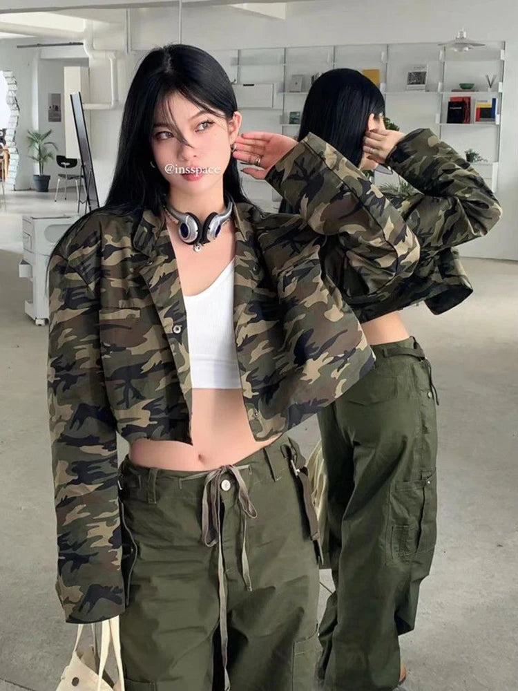Lunivop Sexy Cropped Camouflage Cargo Jackets Women Vintage Streetwear Slim Y2K Coats Vintage American Long Sleeve Female Fall Tops