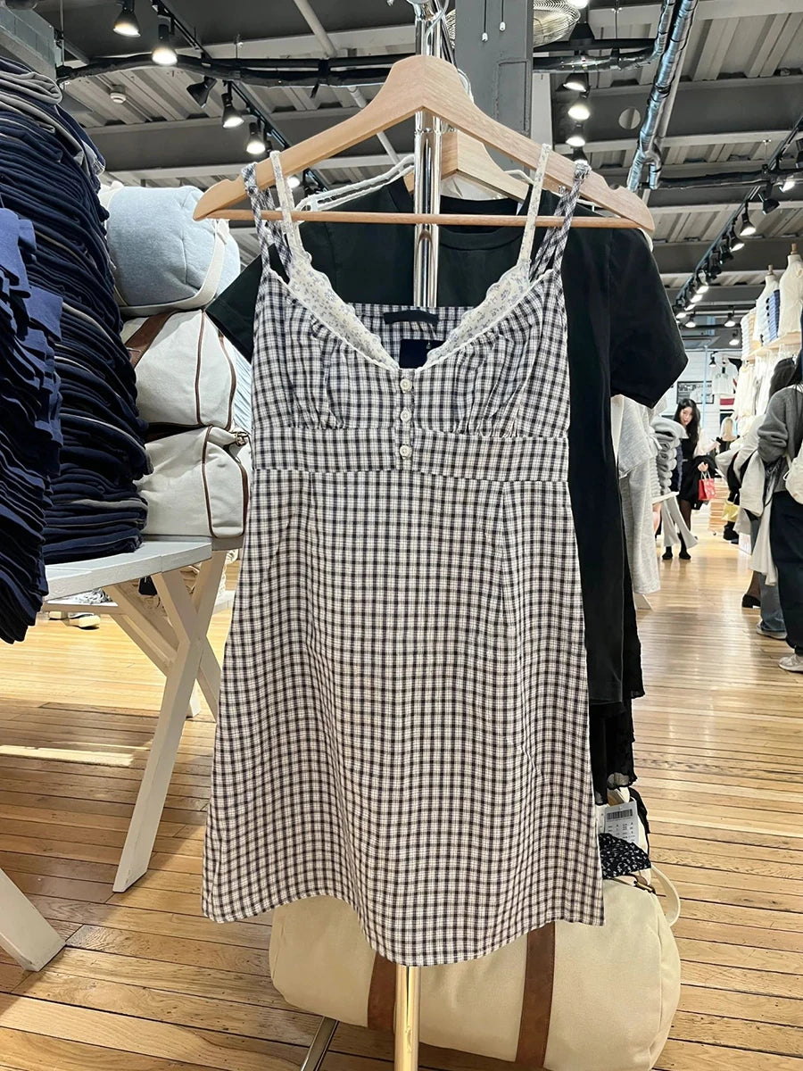 Lunivop  Vintage Red Plaid Mini Camis Dress Summer Lace Trim Buttons V-neck Cotton A-line Short Vestidos Woman Preppy Style Sweet Dresses