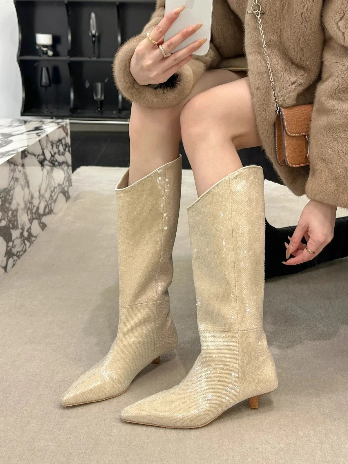 Lunivop Sequin Women Knee High Boots Fashion Elegant Slip on Long Booties Sexy High Heels Stripper Shoe Botas De Mujer