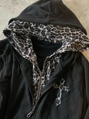 Lunivop  American Vintage Fake Two Hooded Sweatshirt Y2k High Street Print Jacket Women Cardigan Coats Grunge Leopard Hoodie