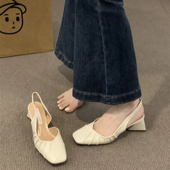 Lunivop Women Slingbacks Shoes High Heels Thick Heel Shoes Cow Leather Fashion Pleated Pumps Ladies Elegant Sandals Zapatos De Mujer