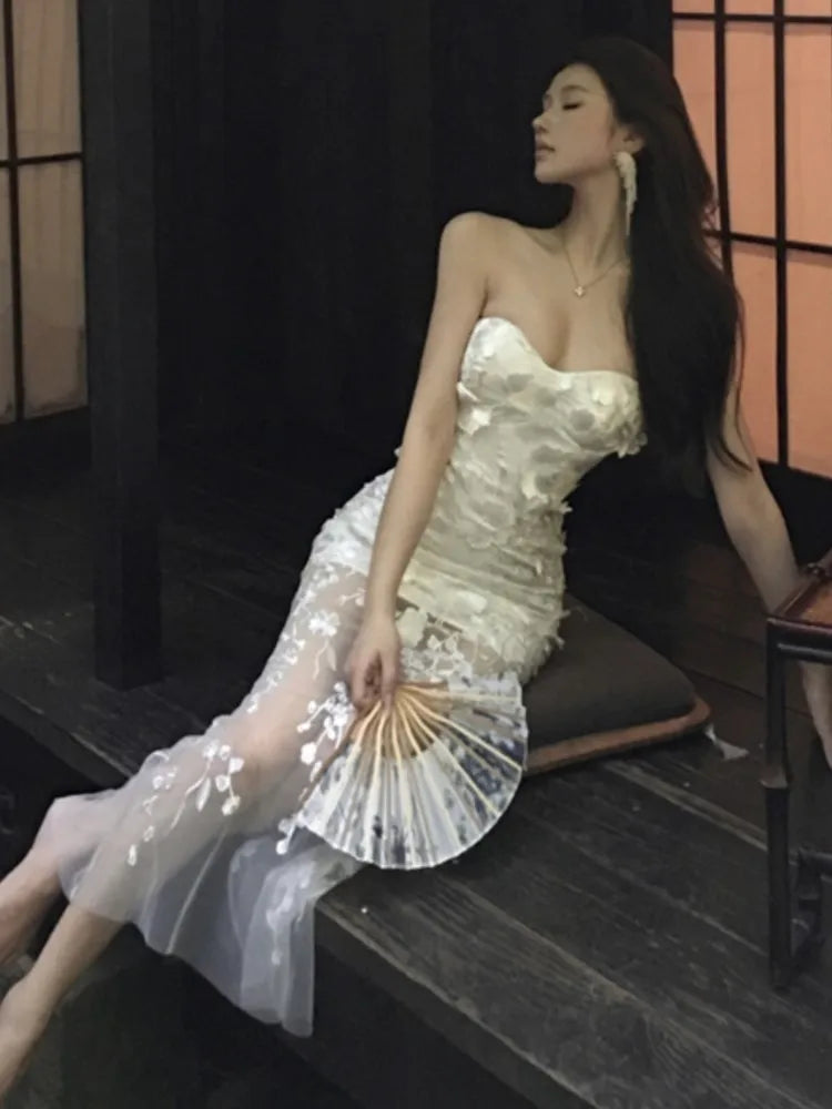 Lunivop  Sexy Floral Strapless Womens Dresses Mesh Patchwork Sleeveless Bodycon Evening Party Dress Elegant Gown Prom Formal Clothes New