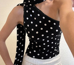 Lunivop  Asymmetrical Polka Dot Tank Top with Scarf Chic Sleeveless Skinny Black Cropped Tops Women Casual Streetwear Tee y2k Vest
