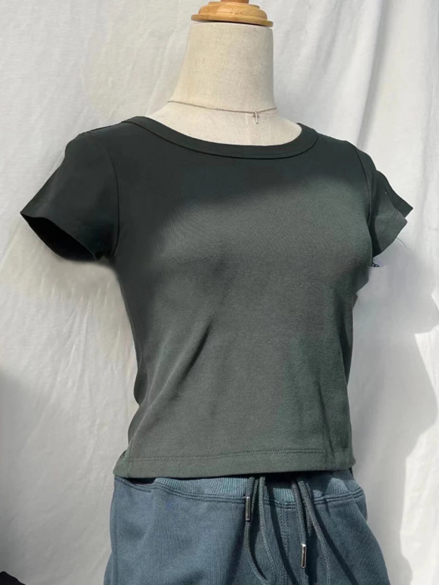 Lunivop  Solid Simple Basic Slim Crop Tops Women Summer Casual Cotton Soft O-neck Casual Short Sleeve Tees Harajuku Vintage T-shirts Y2K