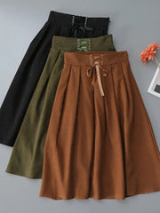 Lunivop Preppy Style Vintage Long Skirts Women High Waist Sweet Loose A Line Skirt Lace Up Retro Fall Winter Female Elegant Long Skirts