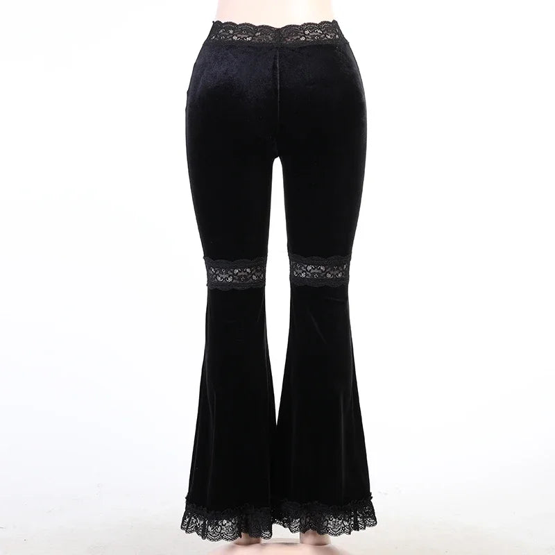 Lunivop Mall Goth High Waist Flared Pants Aesthetic Sexy Lace Patchwork Women's Pants Vintage Elegant Velvet Christmas Trousers