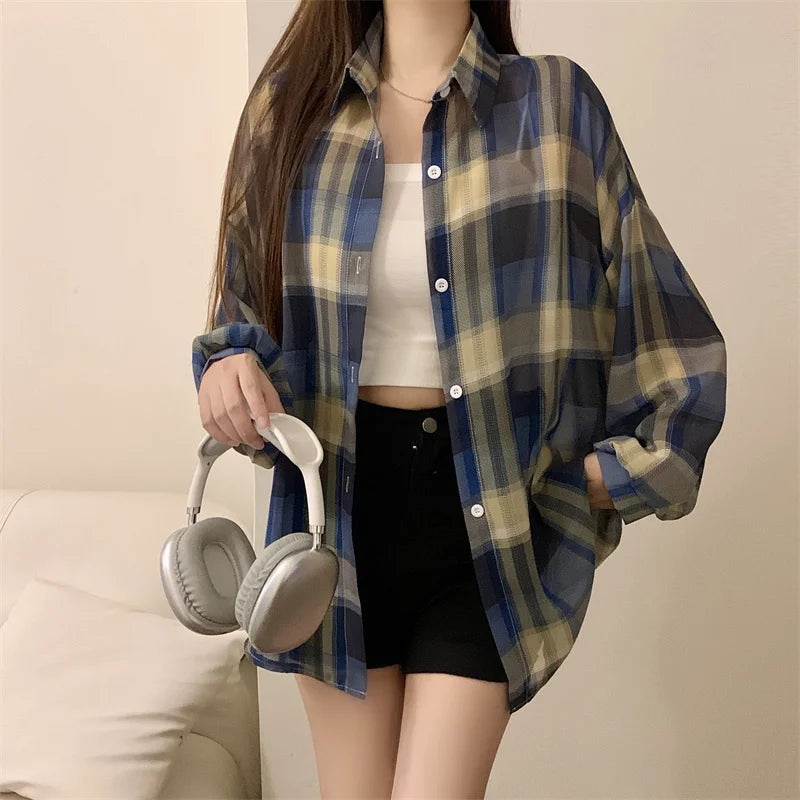 Lunivop Tops Women Sheer Chiffon Plaid Shirt Long Sleeve Button Up Collared Oversize Checked Shirts and Blouse Summer Casual Outfit