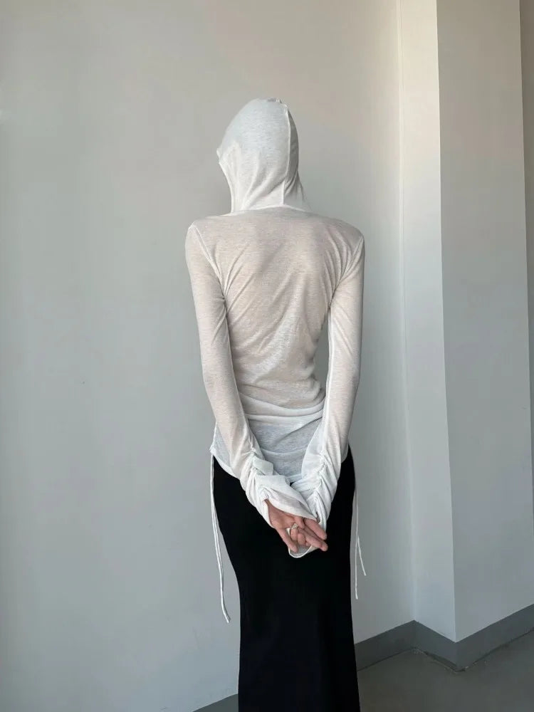 Lunivop  See Through Thin Long Sleeve Tops Mujer 2025 Summer New Slim Fit T-shirt for Women Ruched Drawstring Hoodie Tee Shirt
