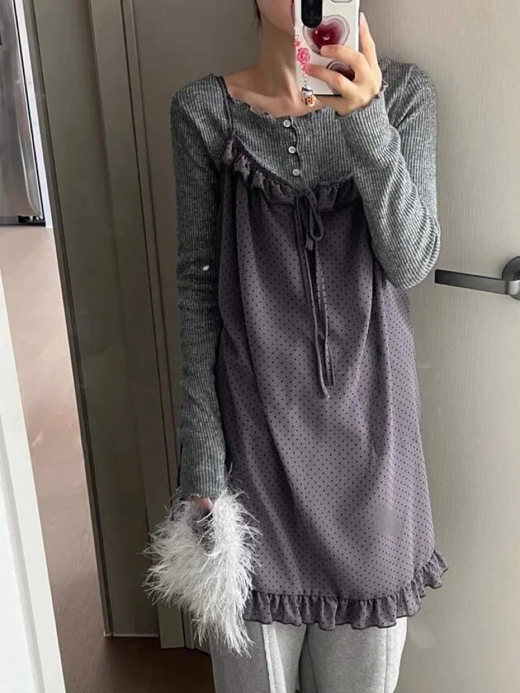 Lunivop  Sweet Style Dress for Women Y2k Vintage Mesh Patchwork Camisole Vest Dress Loose Women's Clothing Sexy Strap Dot Robe