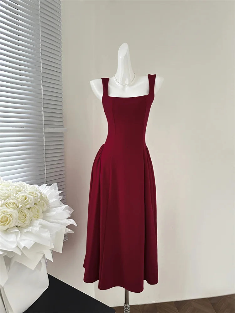 Lunivop Elegant Korean Fashion Summer Evening Party Red U-neck Sling Dress Lady Casual High Waist Sleeveless Strap Mini Dress for Women