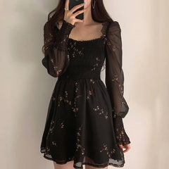 Lunivop  Women Sexy Black Chiffon Dress Spring Vintage Flower Long Puff Sleeve Dresses Korean Casual Mini Vestidos Elegant  Clothes